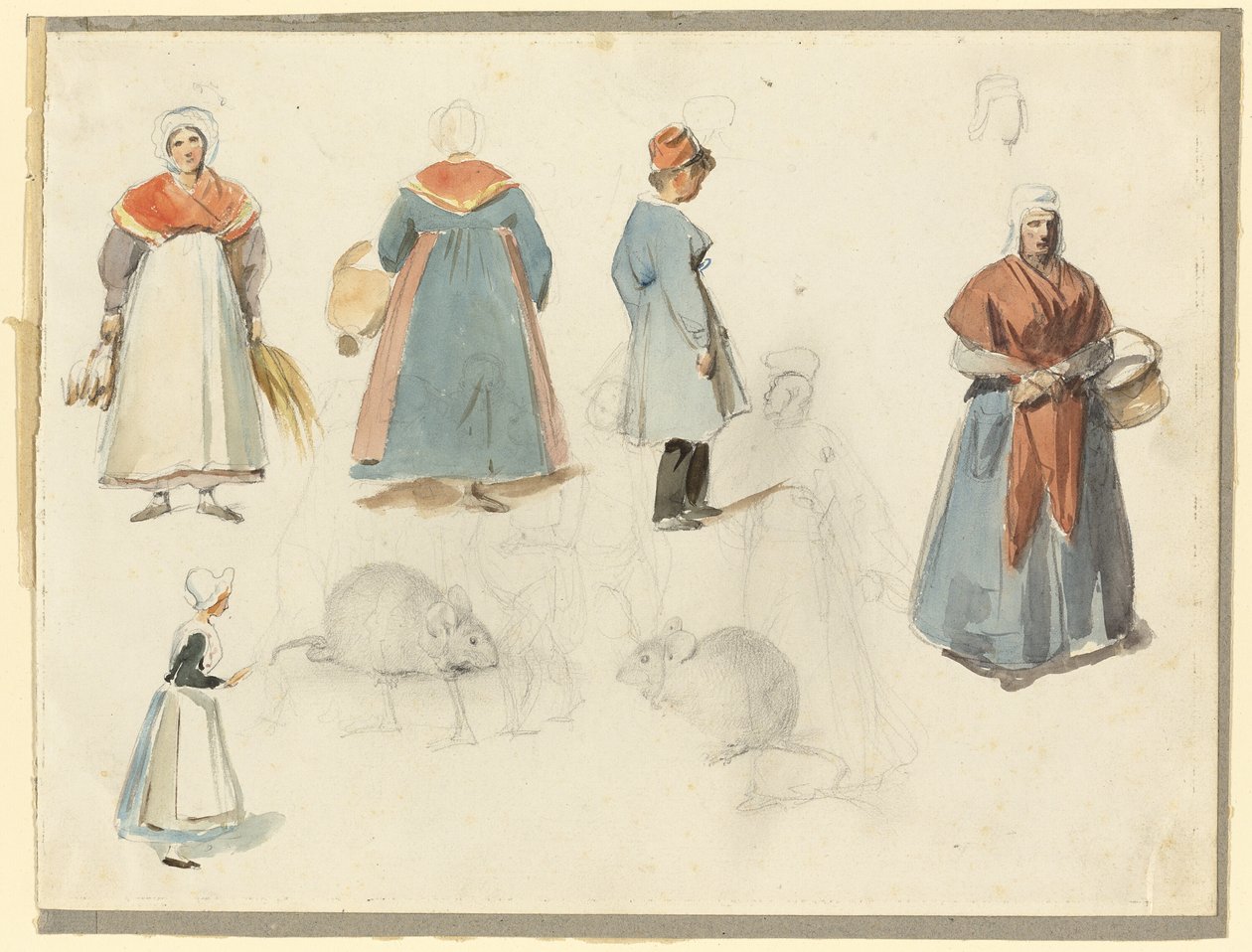 Foglio di schizzi: Uomini, donne e topi da Denis Auguste Marie Raffet