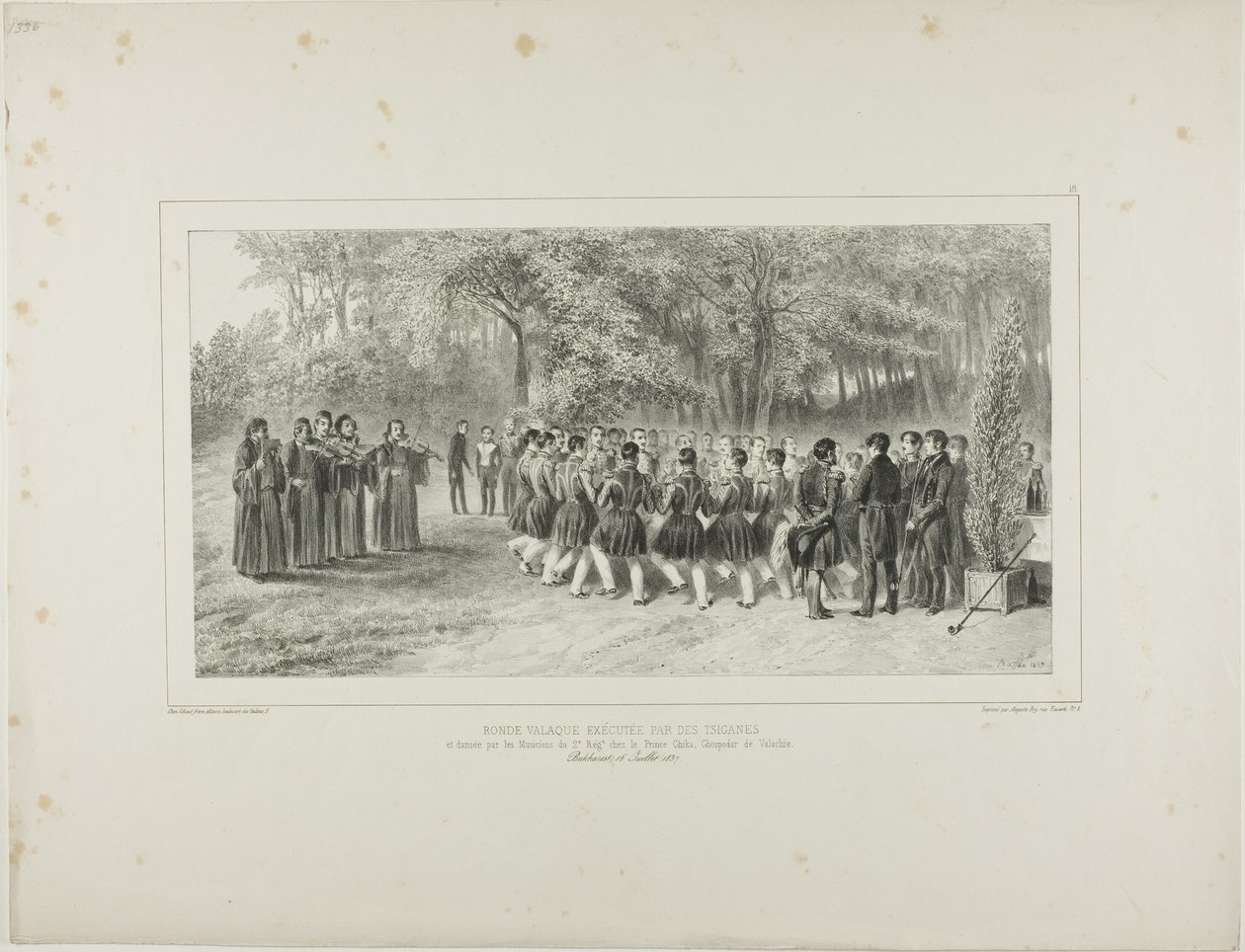 Giro della Valacchia, eseguito dagli zigani e danzato dai musicisti del secondo reggimento a casa del principe Ghika, Ghospodar, Valacchia da Denis Auguste Marie Raffet