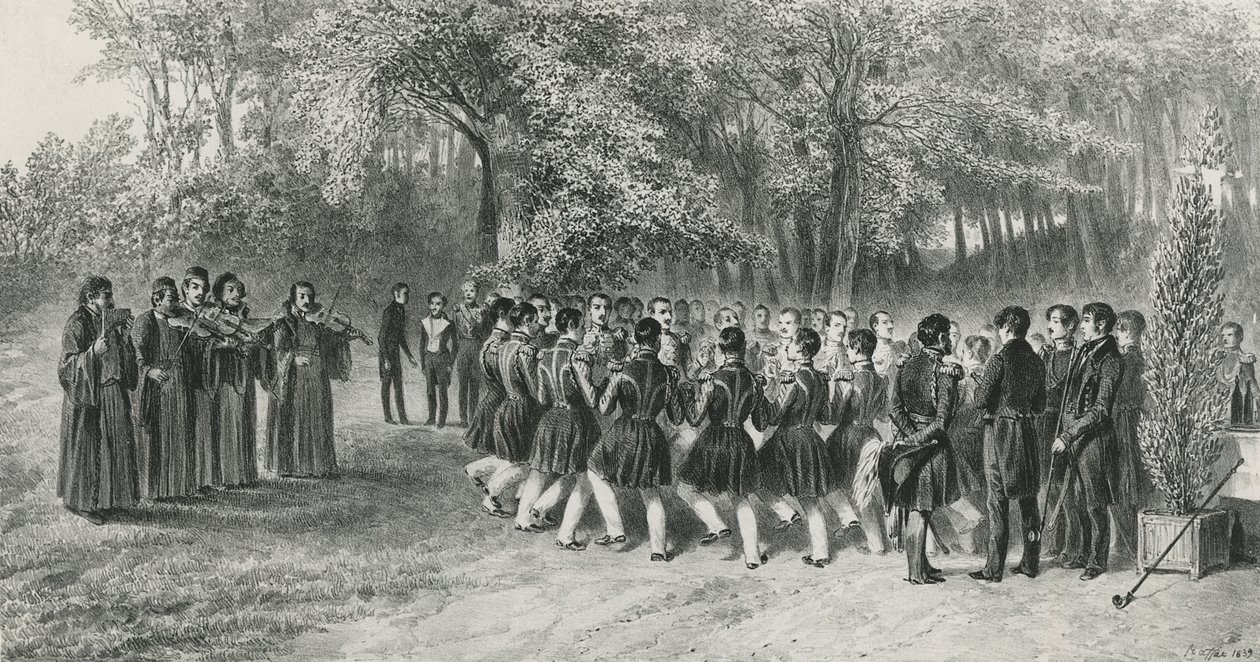 Danza valacca, eseguita dagli zingari e ballata dai musicisti del Secondo Reggimento a casa del Principe Ghika, Ghospodar, Valacchia, 1839 da Denis Auguste Marie Raffet