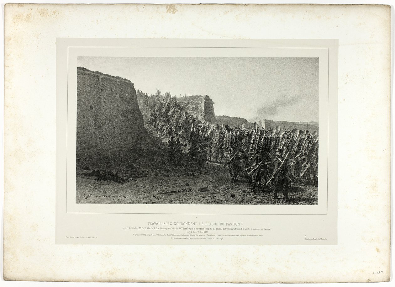 Lavoratori che Incoronano la Breccia del Bastione 7, da Souvenirs d’Italie: Spedizione di Roma da Denis Auguste Marie Raffet