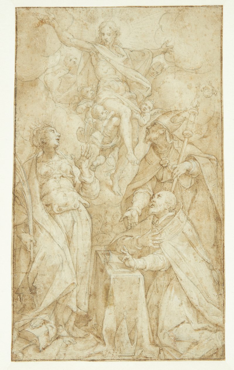 Cristo tra le nuvole, portato dagli angeli, appare a un vescovo presso un leggio, un vescovo santo (Sant