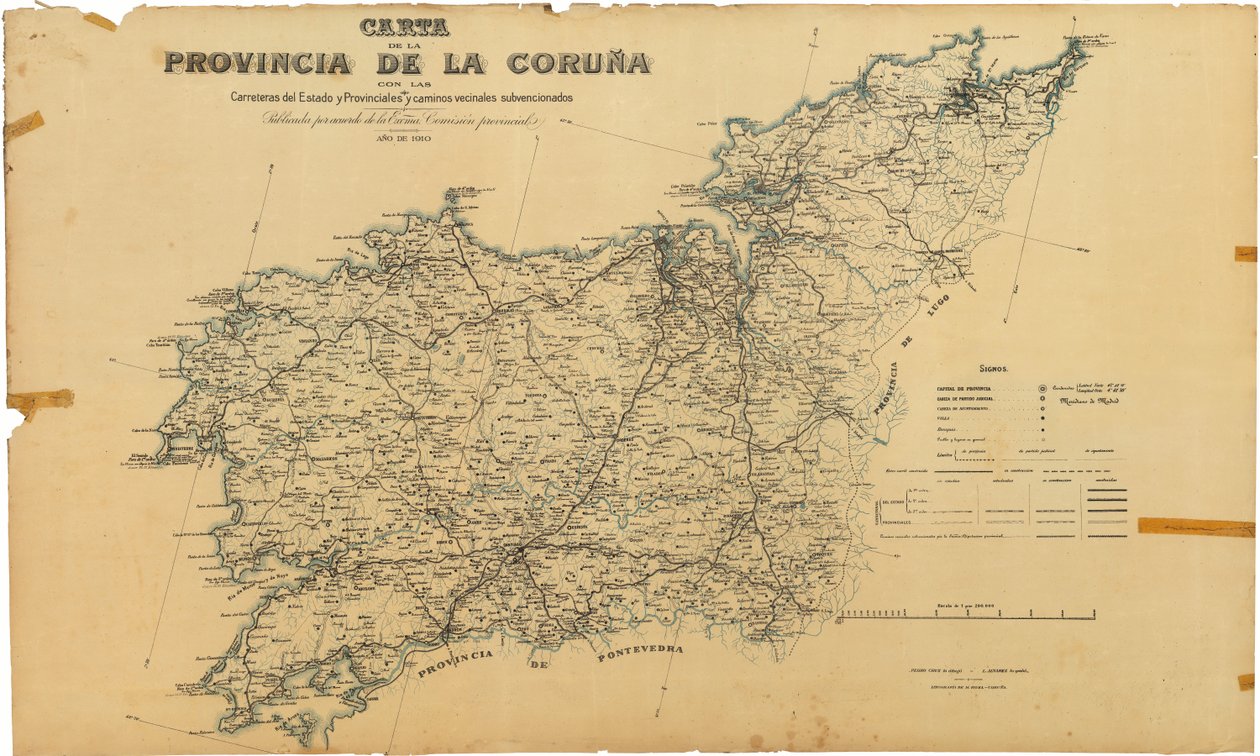 Mappa della provincia di La Coruña con le strade statali e provinciali e i sentieri comunali sovvenzionati. Pubblicata per accordo della Commissione provinciale da Deputación da Coruña