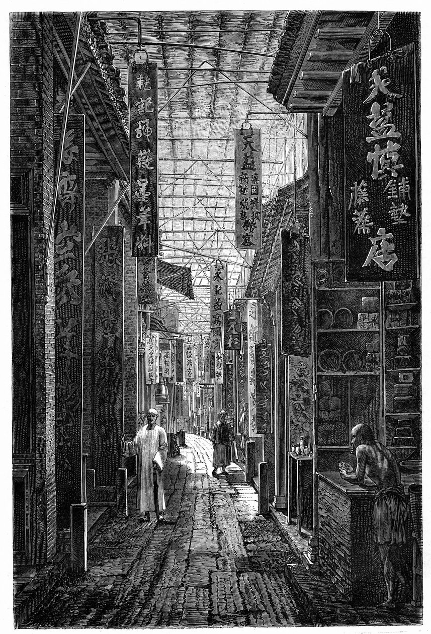 Veduta di Pharmacy Street a Guangzhou. Incisione da un disegno di Deroy, in "Le Tour du Monde, Nouveau journal des Voyages", a cura di Edouard Charton, Parigi da Deroy (after)