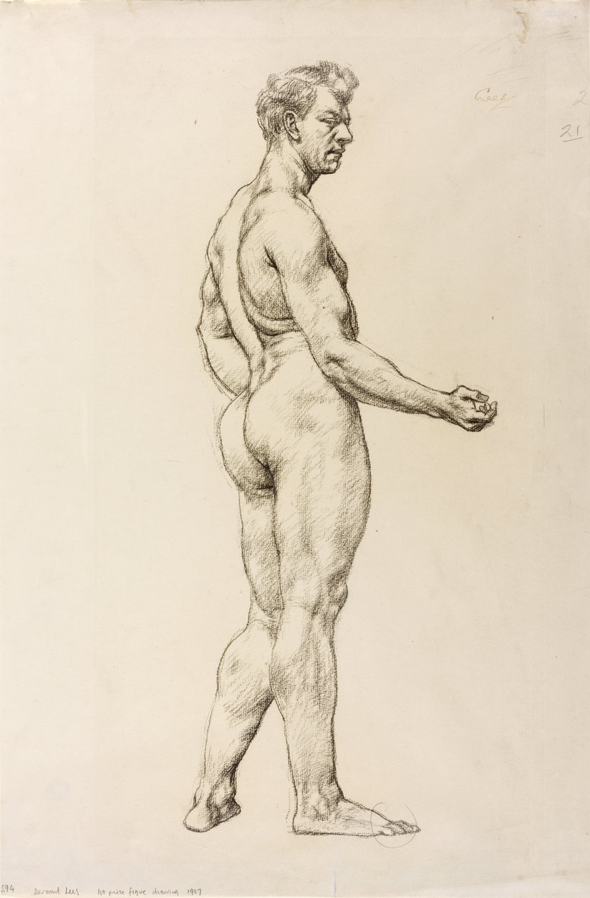 Studio di una figura maschile, 1906-07 circa (gesso nero su carta) da Derwent Lees