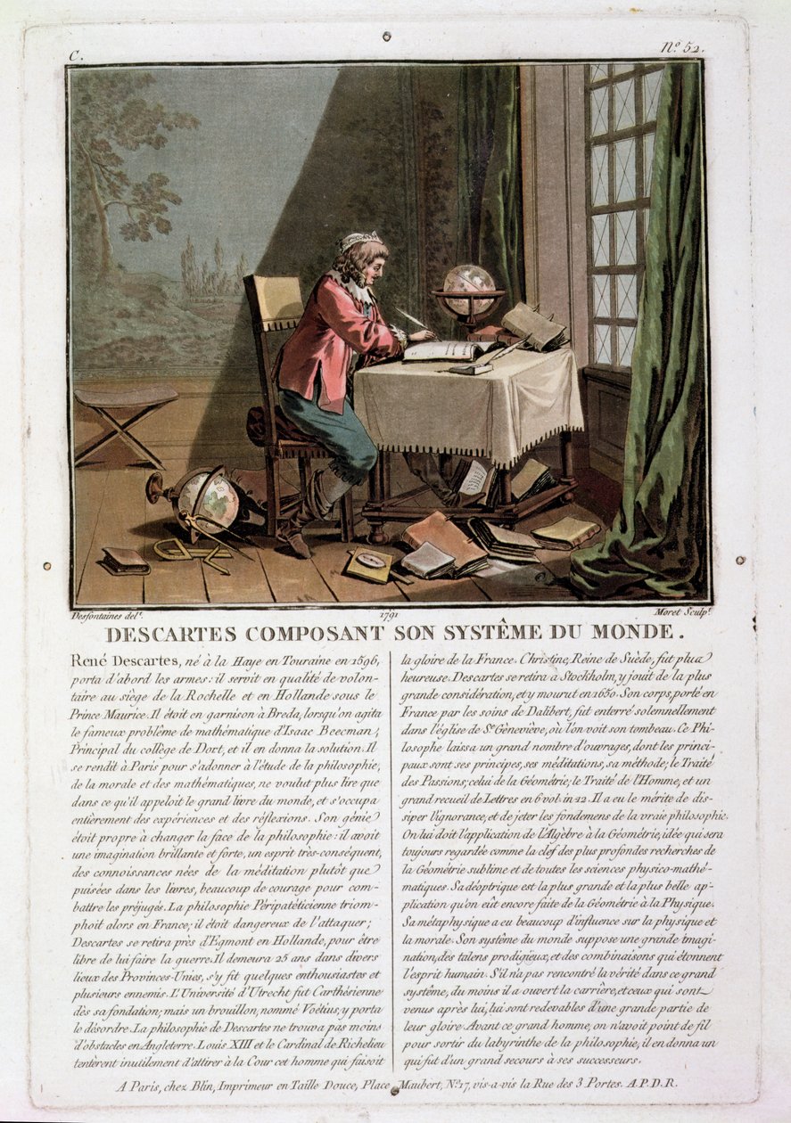 René Descartes (1596-1650) che scrive il suo sistema del mondo, inciso da Jean Baptiste Moret (fl.1790-1820), 1791 da Desfontaines