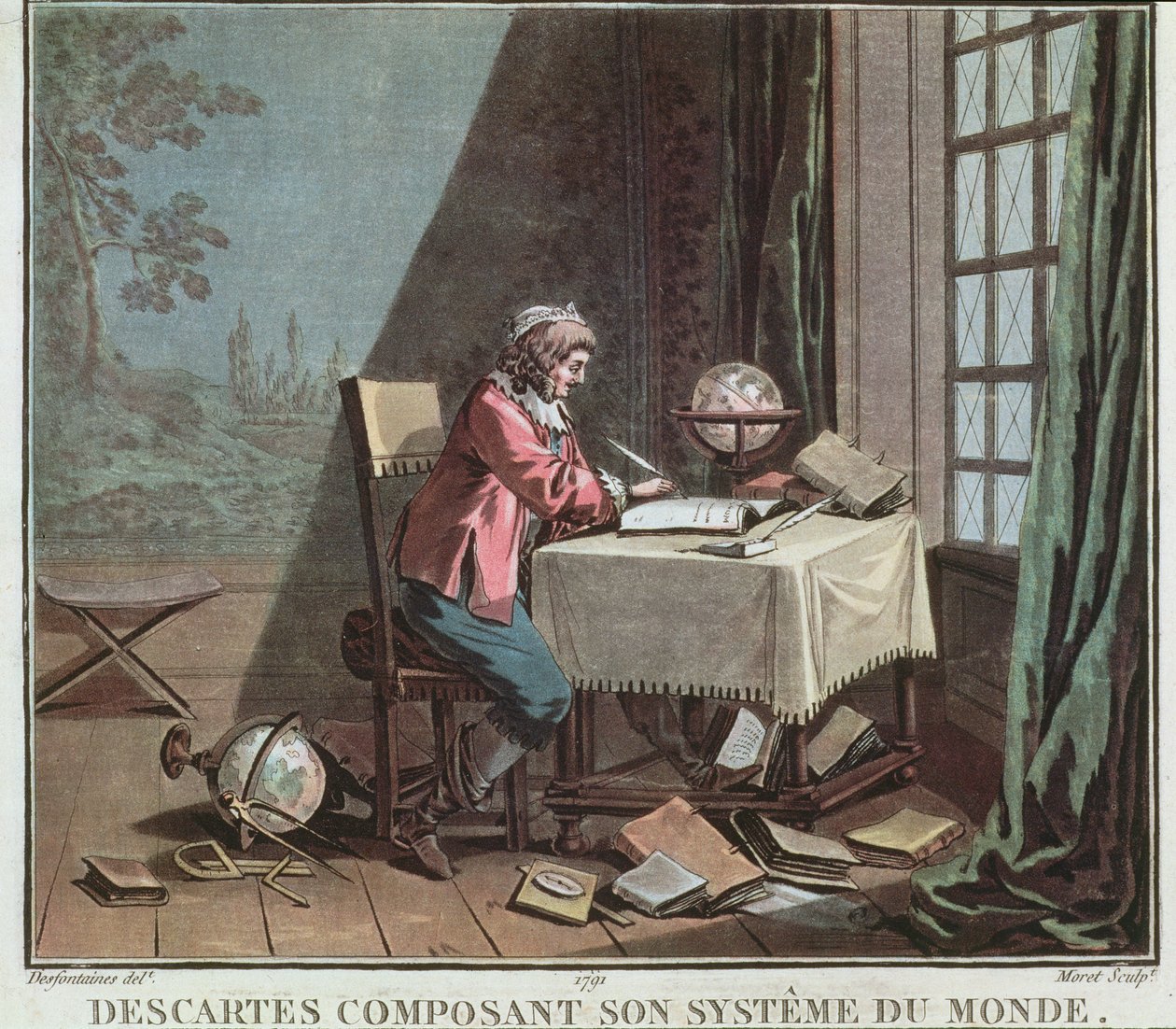 René Descartes (1596-1650) che scrive il suo sistema del mondo, inciso da Jean Baptiste Moret, 1791 da Desfontaines