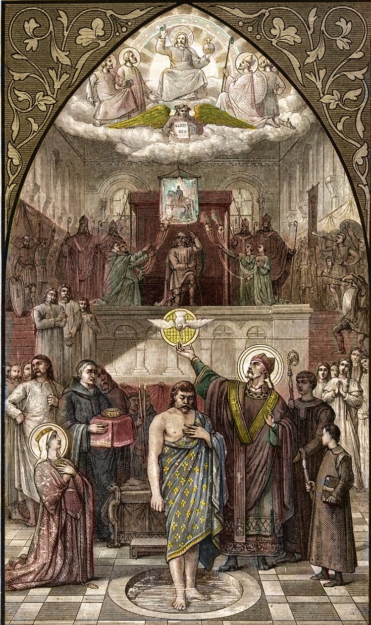San Remigio battezza Clodoveo a Reims - Il battesimo del re dei Franchi Clodoveo I a Reims da parte del vescovo San Remigio il 25/12/496 (o 499) - incisione dal dipinto di Desire Francois Laugee da Desire Francois Laugee