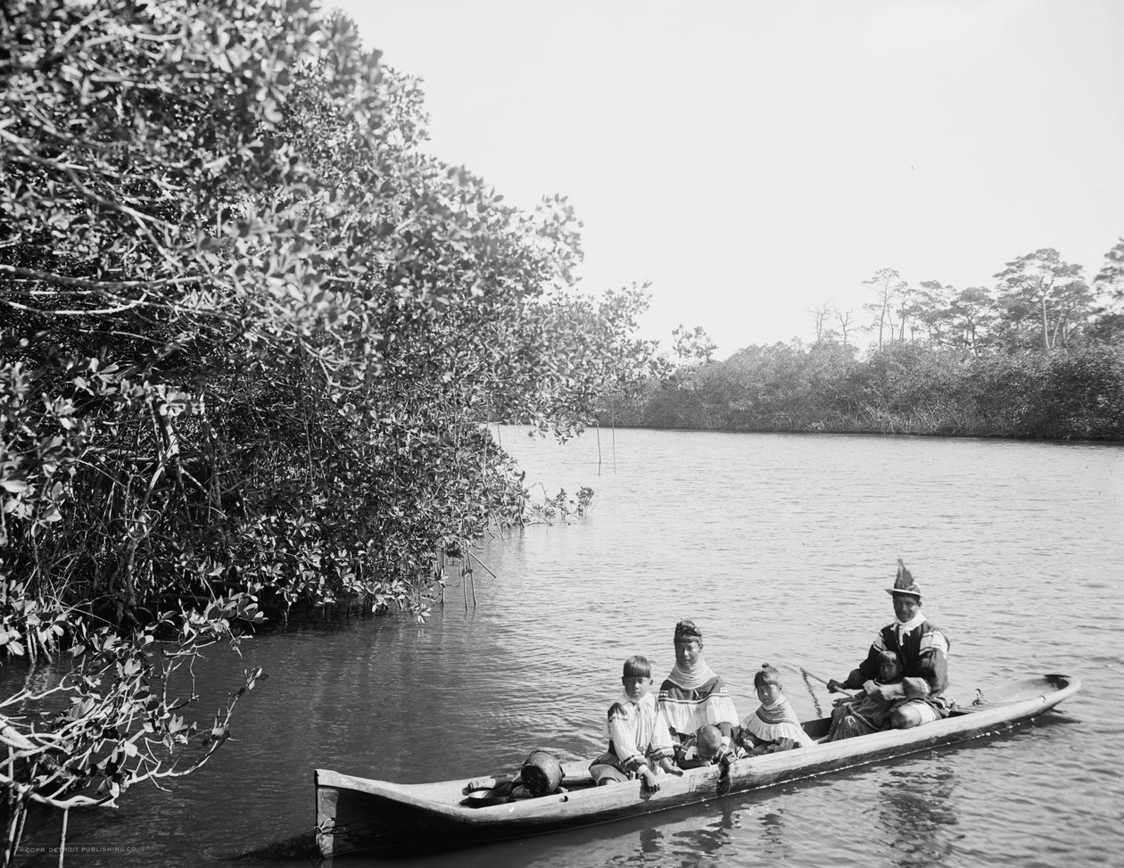 Indiano Seminole e famiglia in canoa, Miami, Florida, c.1910-20 da Detroit Publishing Co.