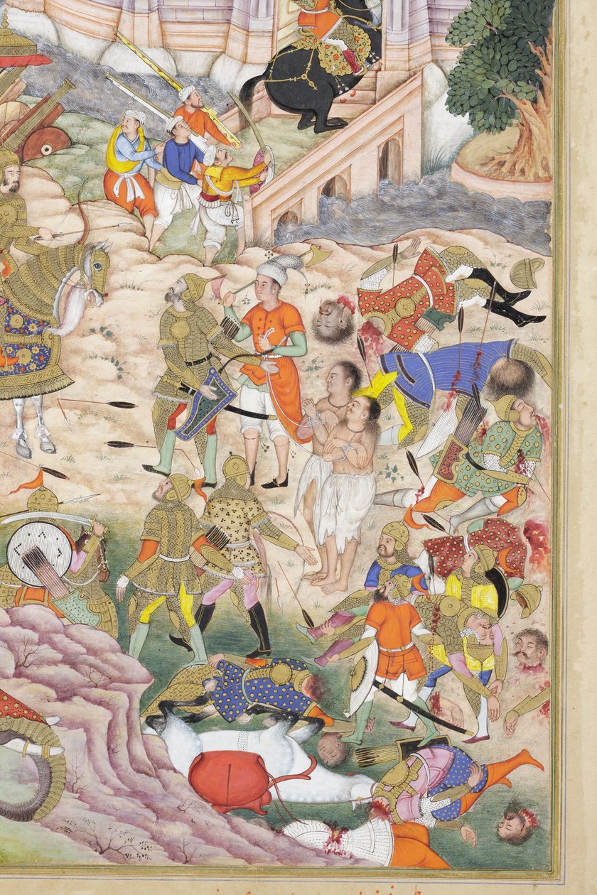 Dettaglio da Le truppe di Babur conquistano la fortezza di Kabul, 1590-1600 circa (acquerello opaco e oro su carta) da Dhannu & Dharmdas Farrukh