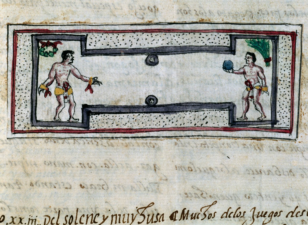 Aztechi che giocano a pelota, miniatura dalla Storia delle Indie (Historia de las Indias) di Diego Duran (1537-1588), manoscritto del 1579 da Diego Duran