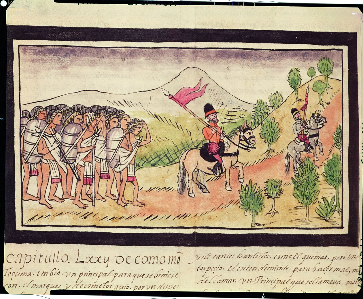Fol.204v Gli indiani Totonac aiutano i conquistadores a trasportare materiali, 1579 da Diego Duran