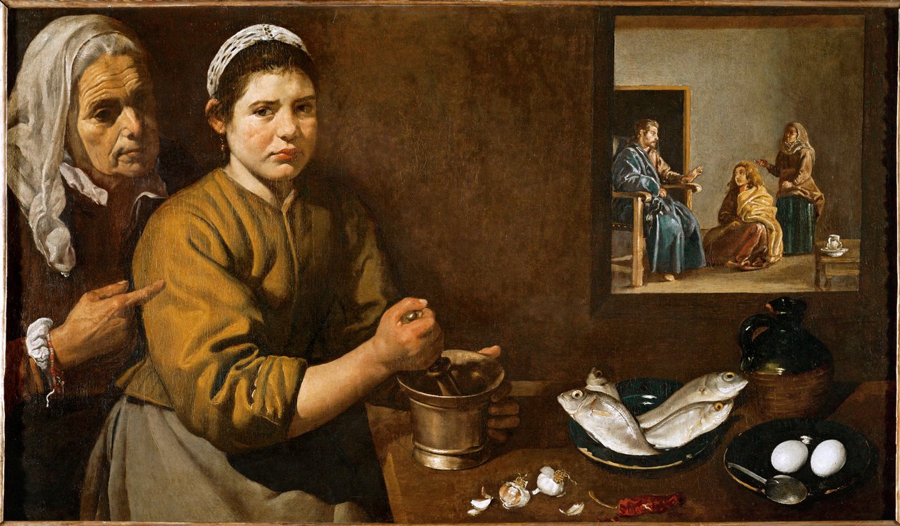 Scena di cucina con Cristo in casa di Marta e Maria, sorelle di Lazzaro (olio su tela) da Diego Rodriguez de Silva y Velazquez