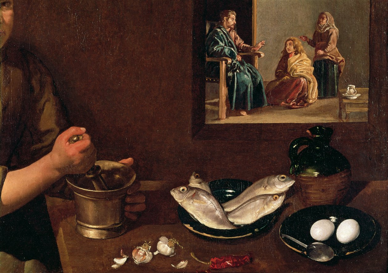 Scena di cucina con Cristo nella casa di Marta e Maria (dettaglio del cibo sul tavolo con Cristo, Marta e Maria sullo sfondo), c.1618 da Diego Velázquez