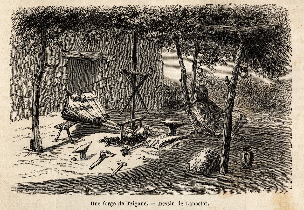 Una fucina zingara nella regione della Valacchia, Romania. Incisione per illustrare il viaggio da Parigi a Bucarest, di Lancelot, disegnatore, nel 1860, pubblicato in "Le tour du monde, nouveau journal des voyages", a cura di Edouard Charton da Dieudonne Auguste Lancelot