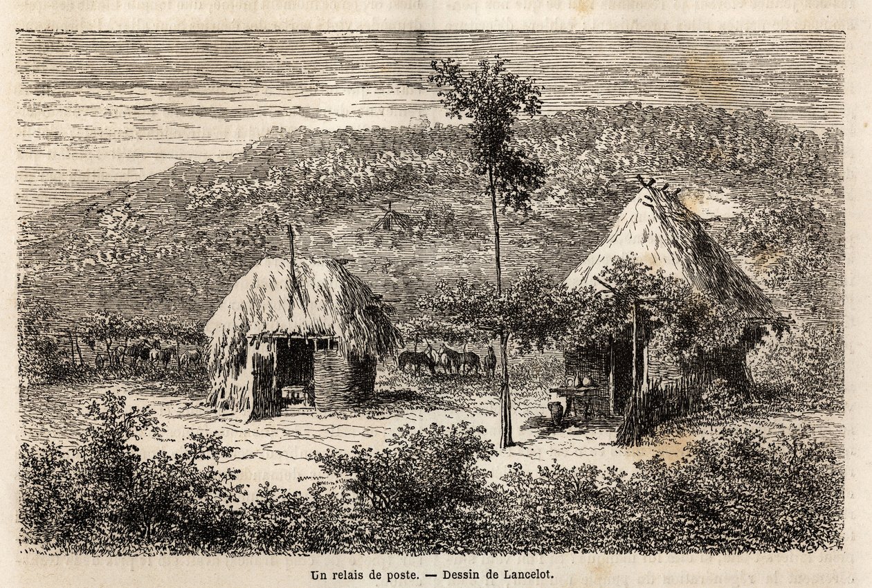 Un relè postale tra Bucarest e Pitesti. Incisione per illustrare il viaggio da Parigi a Bucarest (Romania), nel 1860, di Lancelot, disegnatore, in "Le tour du monde, nouveau journal des voyages", pubblicato sotto la direzione di Edouard Charton da Dieudonne Auguste Lancelot