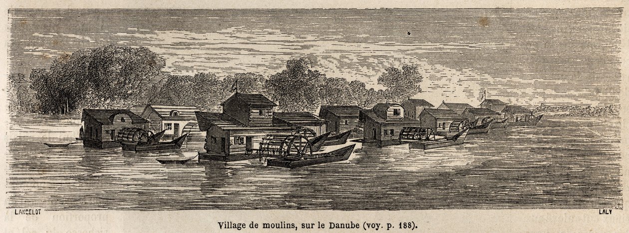 Un villaggio di mulini sul Danubio, disegno di Lancelot per illustrare il viaggio di Victor Duruy da Parigi a Bucarest nel 1860. Incisione in "Le tour du monde", a cura di Edouard Charton da Dieudonne Auguste Lancelot