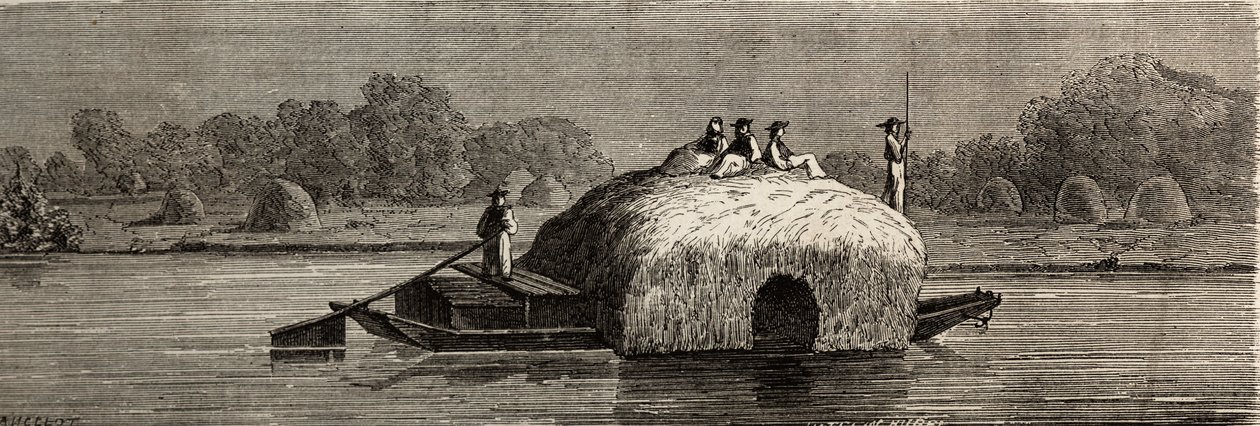 Taglio, raccolta e trasporto del foraggio sulle rive del Danubio. Disegno di Lancelot per illustrare il suo viaggio da Parigi a Bucarest nel 1860. Incisione in "Le tour du monde", a cura di Edouard Charton da Dieudonne Auguste Lancelot