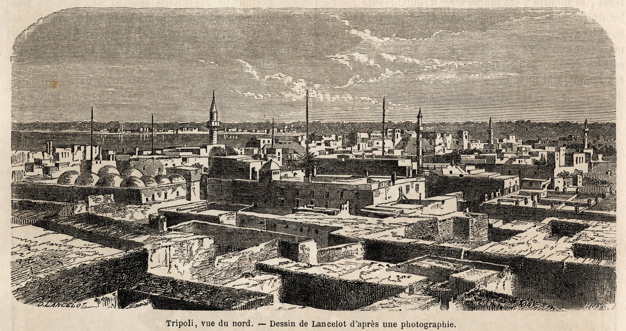 Veduta generale di Tripoli, disegno di Lancelot, per illustrare le passeggiate tripolitane, nel 1860, del Barone de Krafft. Incisione in "Le tour du monde" 1861. Collezione Selva. da Dieudonne Auguste Lancelot