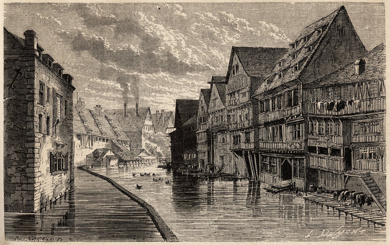 Vecchie concerie a Ulm. Disegno di Lancelot per illustrare il viaggio di Victor Duruy da Parigi a Bucarest nel 1860. Incisione in "Le tour du monde", a cura di Edouard Charton da Dieudonne Auguste Lancelot