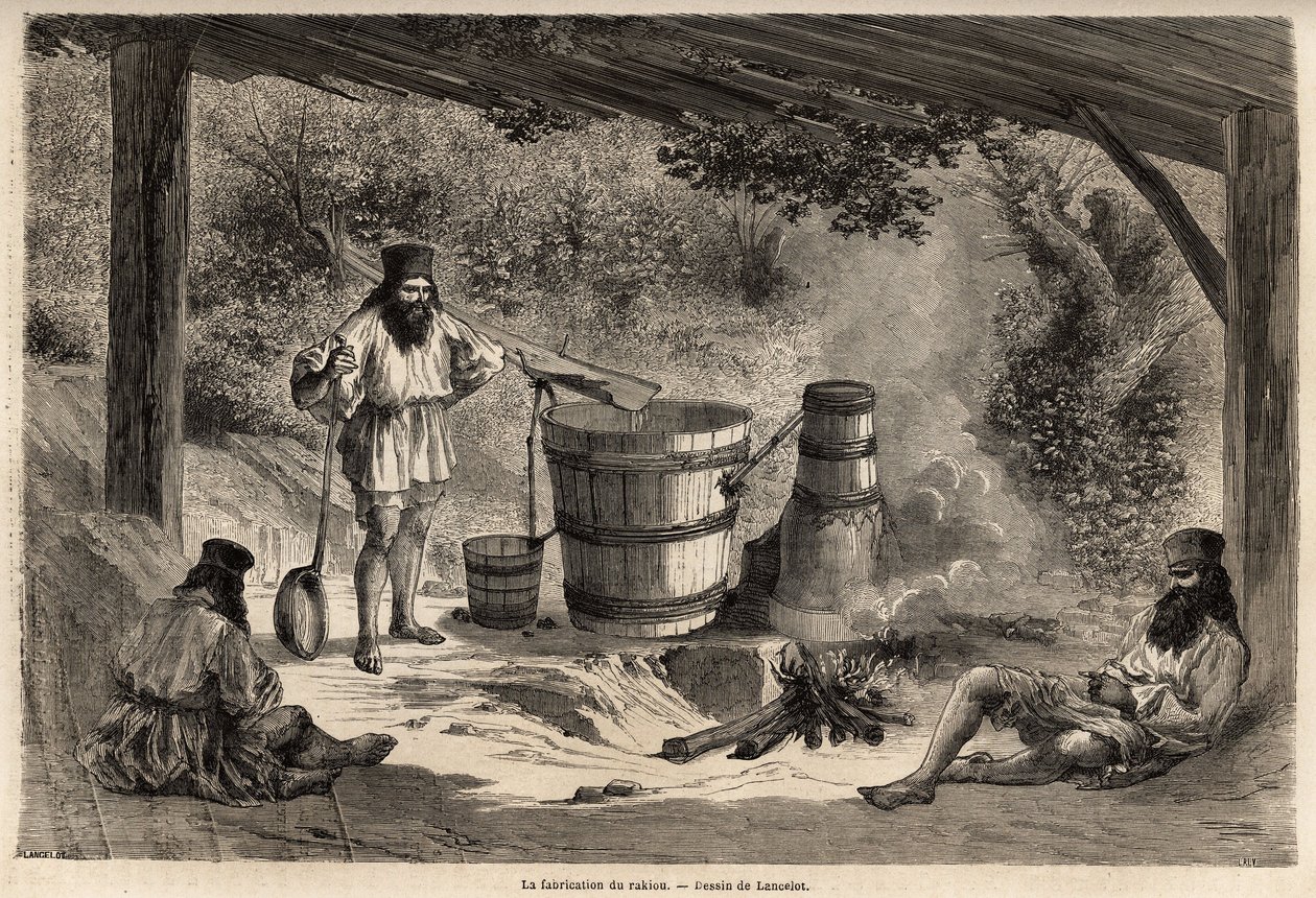 La fabbricazione del rakiou, alcol di cereali, una sorta di schnapps molto comune in Romania. Incisione per illustrare il viaggio da Parigi a Bucarest, di Lancelot, disegnatore, nel 1860, pubblicato in "Le tour du monde, nouveau journal des voyages", sotto da Dieudonne Auguste Lancelot