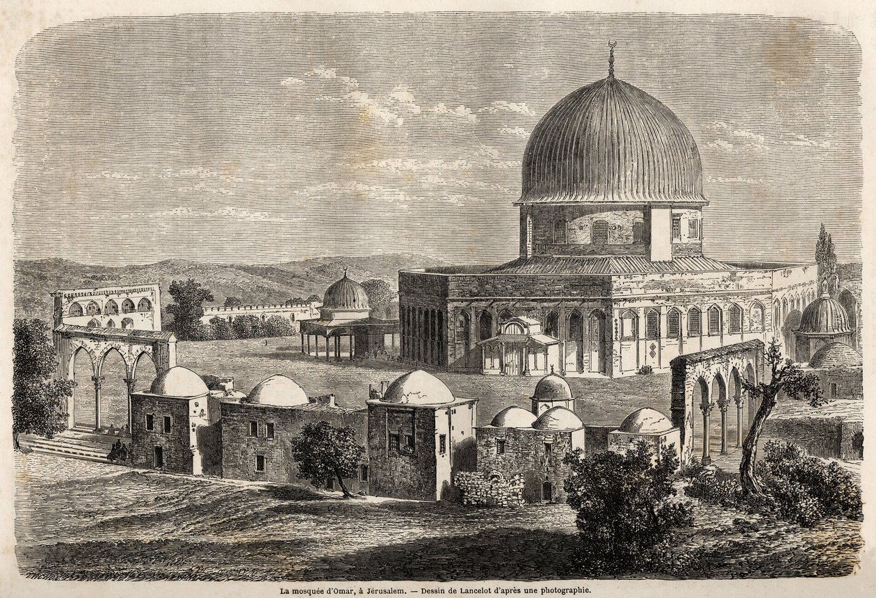 La moschea di Omar, costruita nel 691 a Gerusalemme, disegno di Lancelot per illustrare il viaggio di Mr. Bida in Palestina nel 1856. Incisione in "Le tour du monde, nouveau journal des voyages" Parigi da Dieudonne Auguste Lancelot