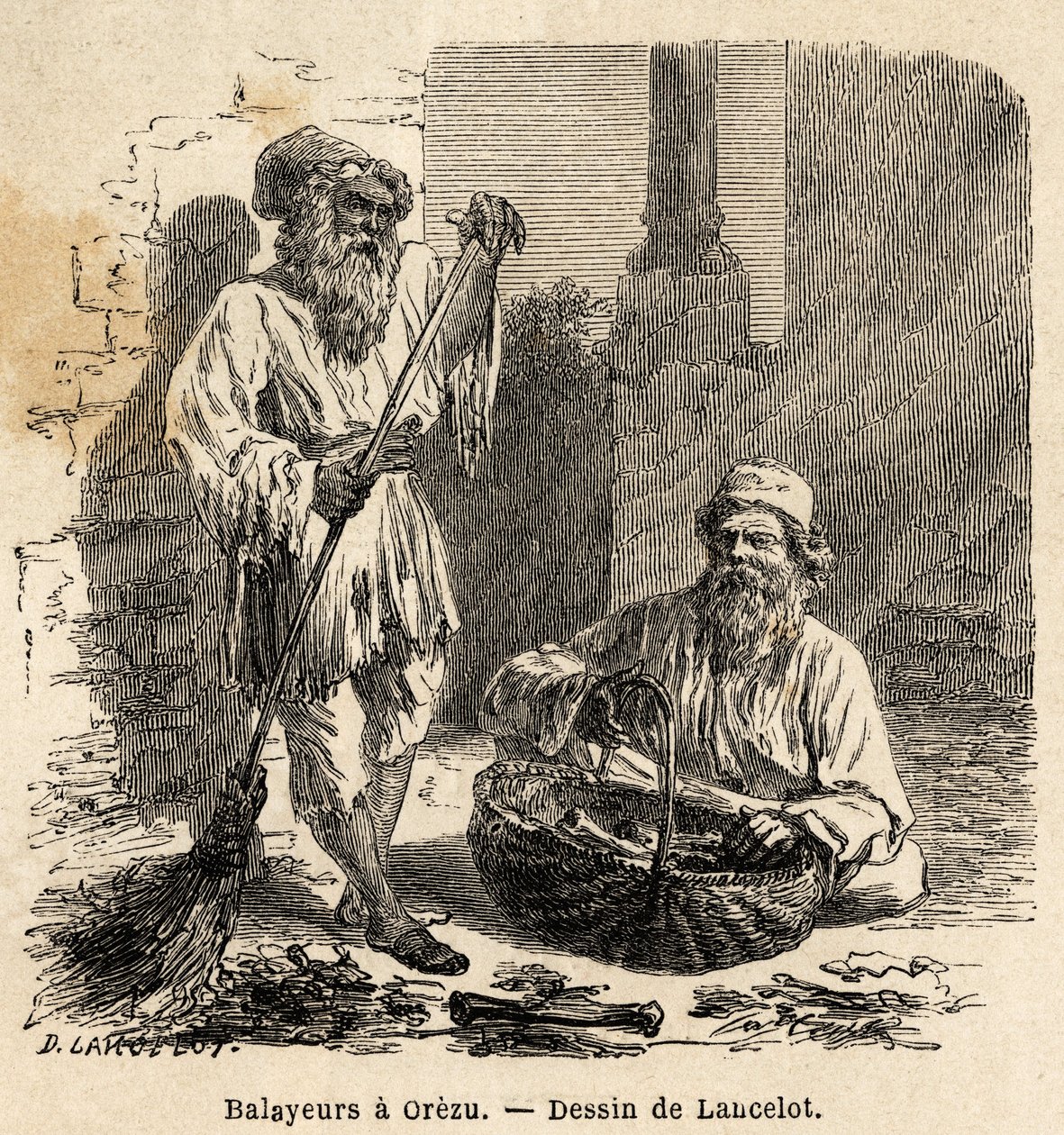 Gli spazzini a Orezu (Romania). Incisione per illustrare il viaggio da Parigi a Bucarest, di Lancelot, disegnatore, nel 1860, pubblicato in "Le tour du monde, nouveau journal des voyages", sotto la direzione di Edouard Charton da Dieudonne Auguste Lancelot