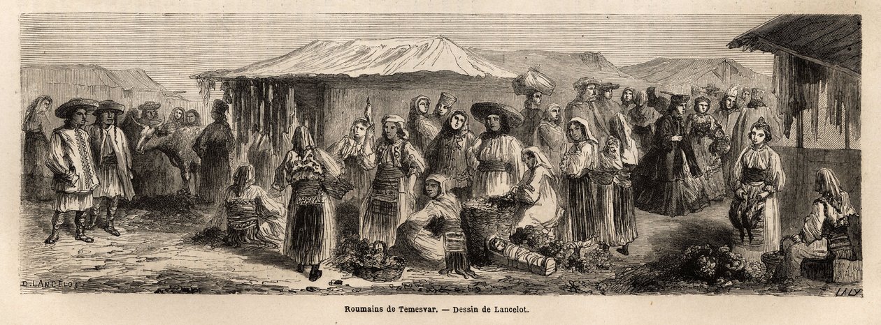 La popolazione ambulante di Tesmevar (o Timisoara) in Romania. Incisione per illustrare il viaggio da Parigi a Bucarest, di Lancelot, disegnatore, nel 1860, pubblicato in "Le tour du monde, nouveau journal des voyages", sotto la direzione di Edouard Charto da Dieudonne Auguste Lancelot
