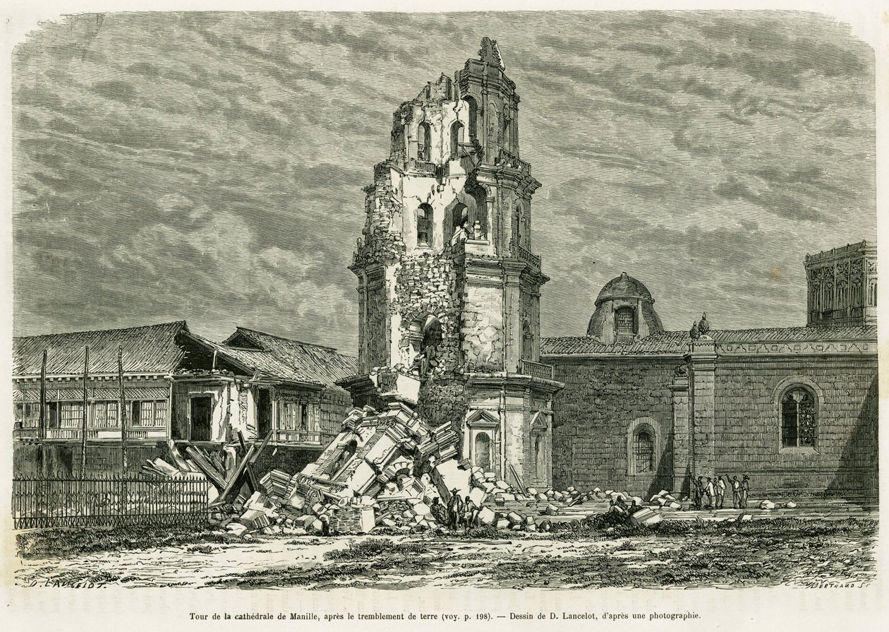 Torre della Cattedrale di Manila, dopo il terremoto del 18 luglio 1880. Incisione di Lancelot per illustrare la storia Lucon e Palaouan, sei anni nelle Filippine, di Alfred Marche da Dieudonne Auguste Lancelot