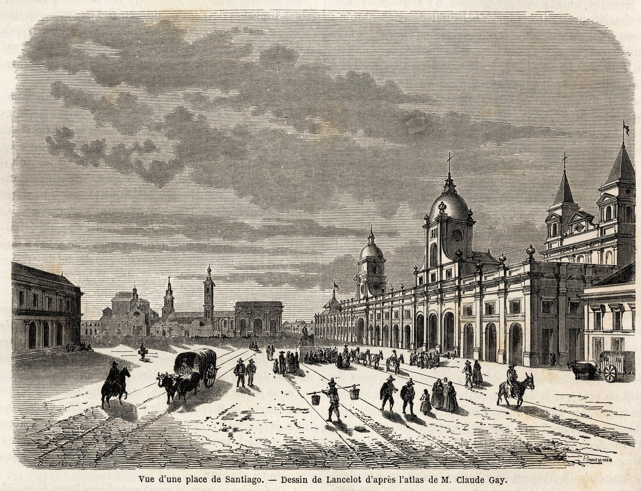 Veduta di una piazza a Santiago (Cile). Disegno di Lancelot per illustrare il viaggio in Sud America, nel 1823, di Giovanni Mastai Ferretti (futuro Pio IX). Incisione in "Le tour du monde, nouveau journal des voyages" da Dieudonne Auguste Lancelot
