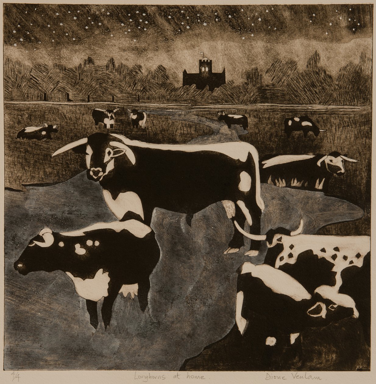 Longhorns a casa, 2017 (collagraph) da Dione Verulam