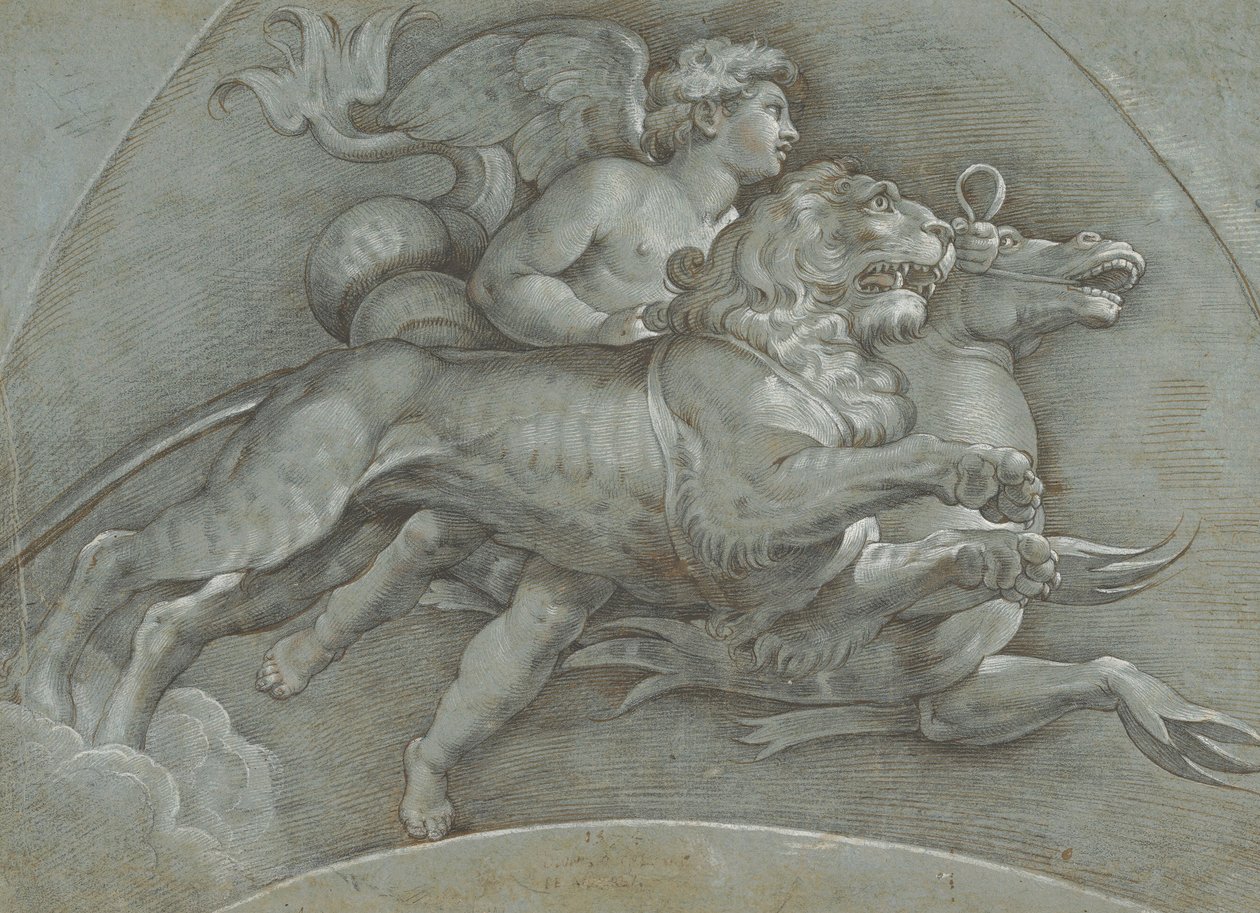 Un Putto Alato che Cavalca un Cavallo Marino e un Leone dopo Raffaello da Dionisio Calvaert