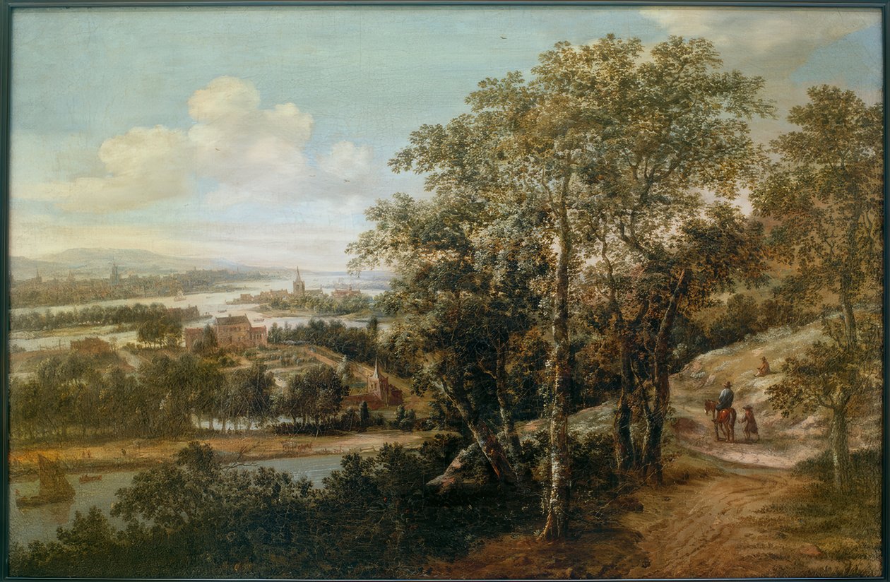 Ampio paesaggio fluviale con un cavaliere e altre figure in primo piano da Dionys Verburg