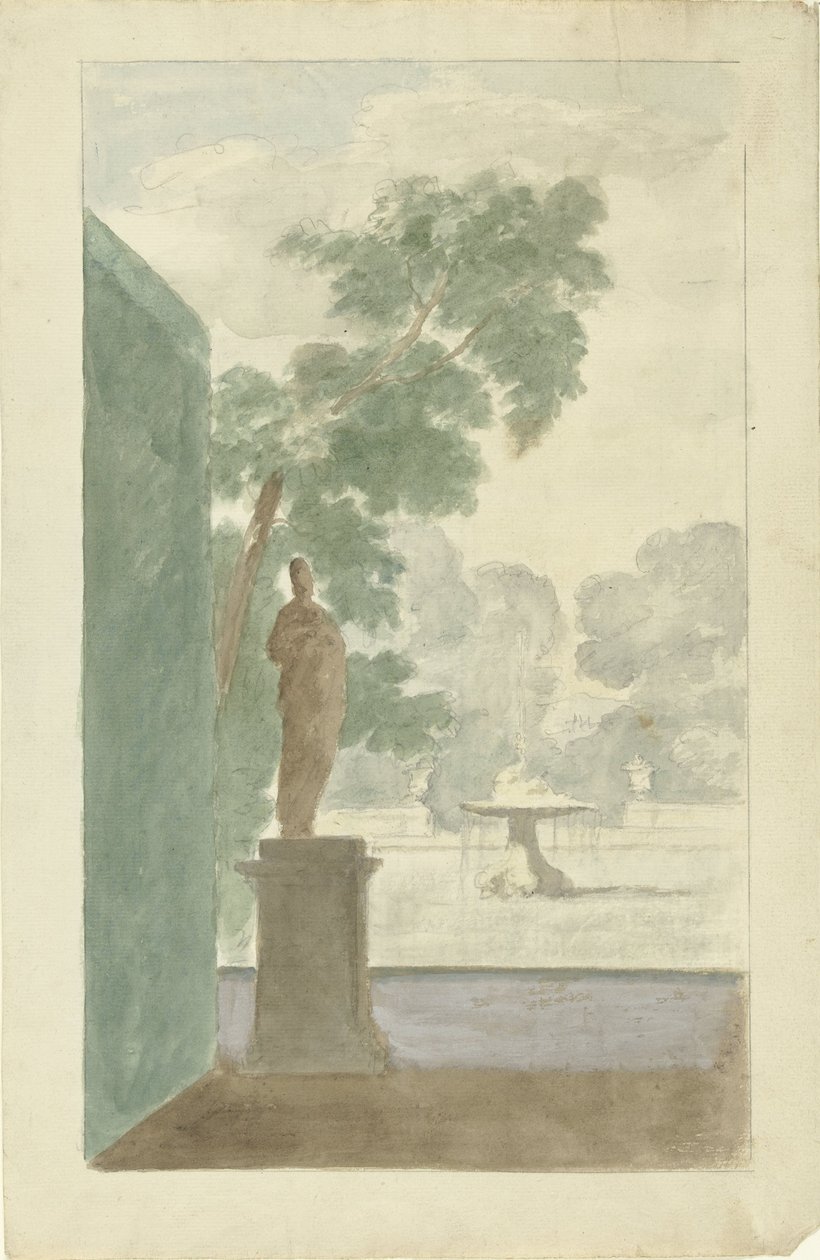 Progetto per una decorazione murale in una sala: Vista di un giardino con statua, fontana e urne da Dionys van Nijmegen (possibly)