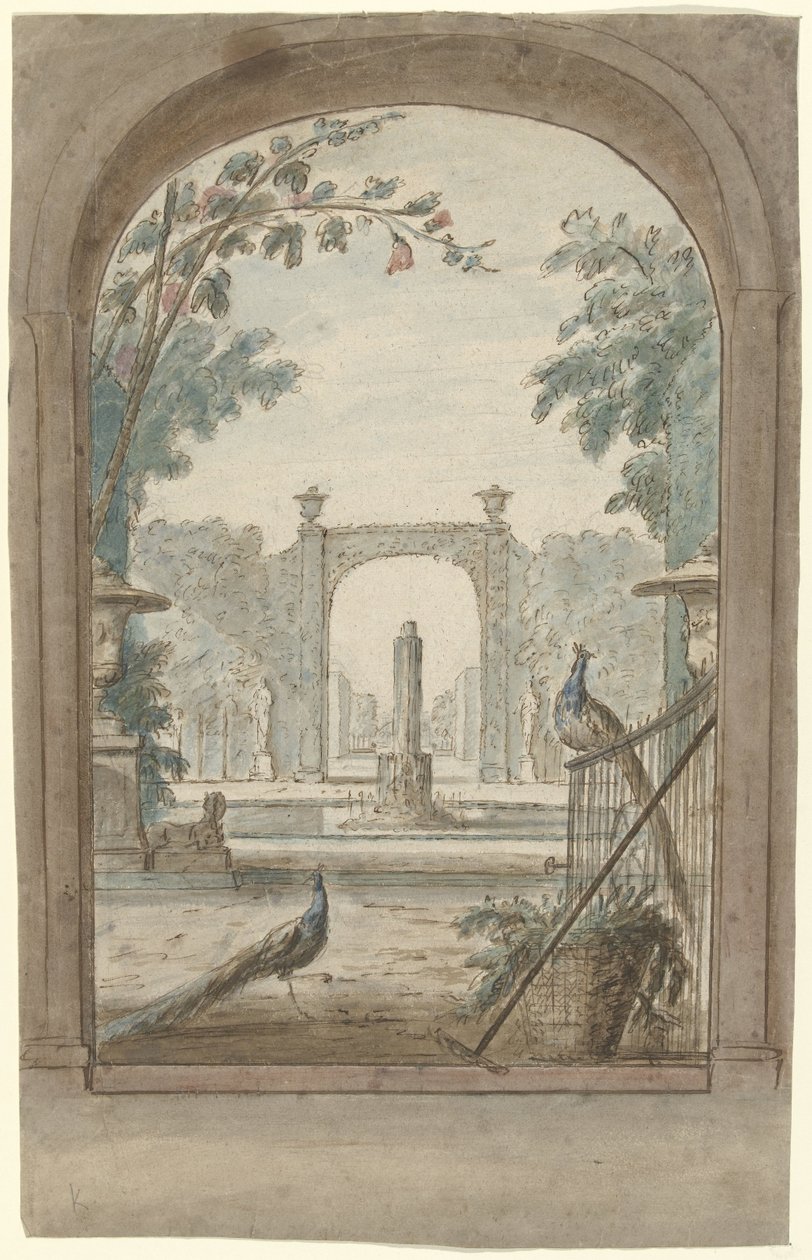 Progetto per una decorazione murale con vista su un giardino, pavoni e attrezzi da giardino da Dionys van Nijmegen (possibly)