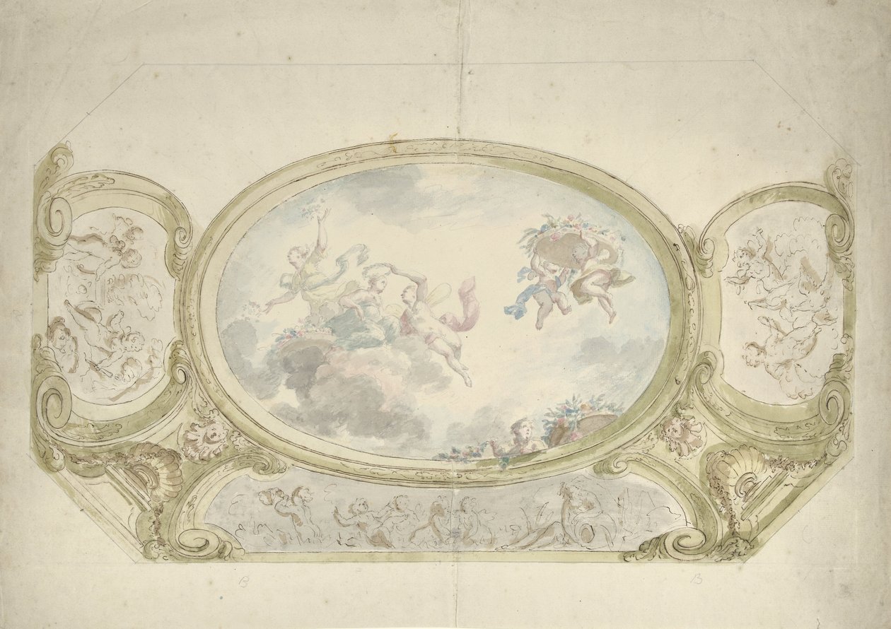 Progetto per un affresco sul soffitto: ovale con rappresentazione allegorica, circondato da scene con putti da Dionys van Nijmegen (possibly)
