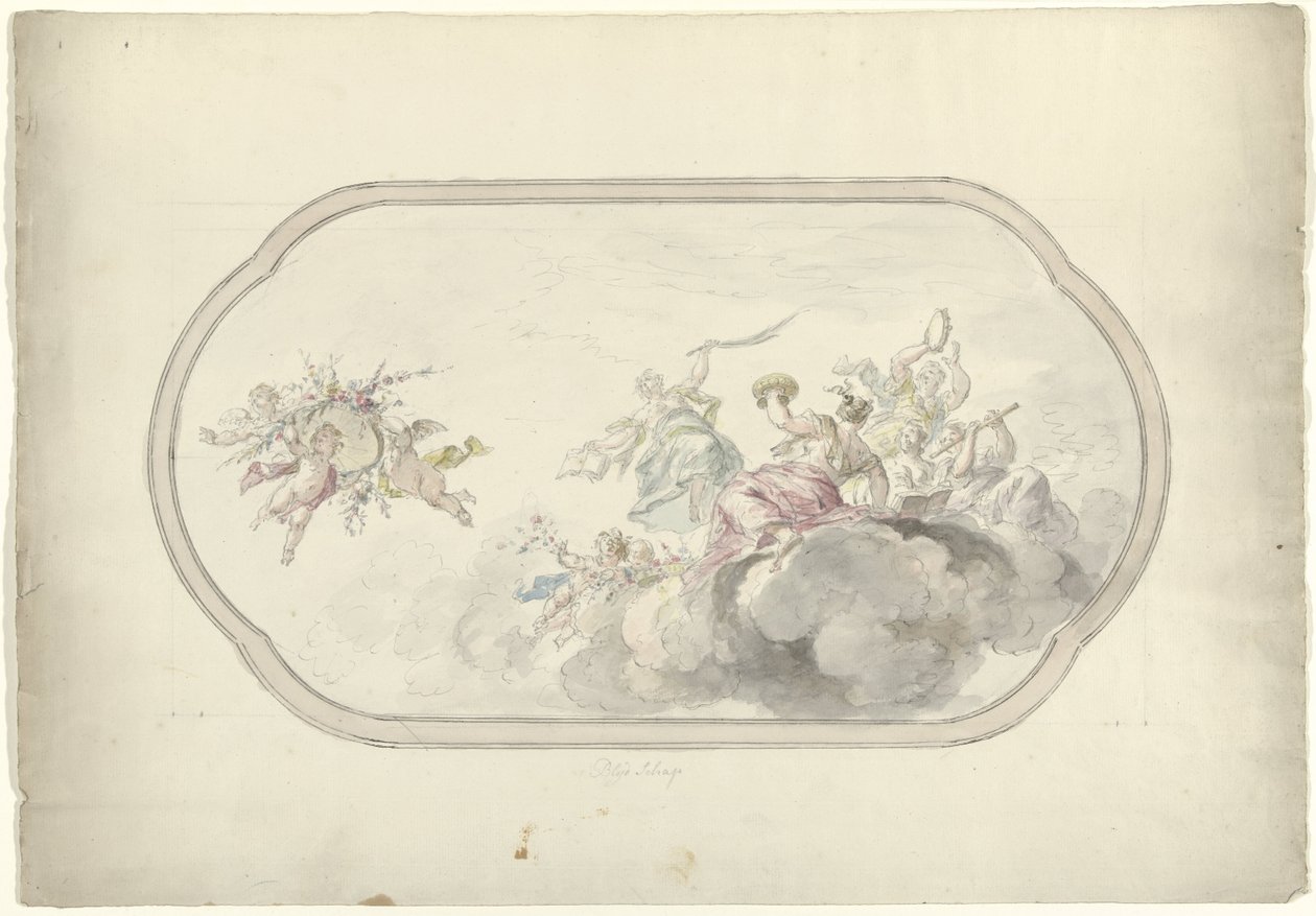 Progetto per un affresco sul soffitto con donne che suonano e putti con cesto di fiori come allegoria della Gioia da Dionys van Nijmegen
