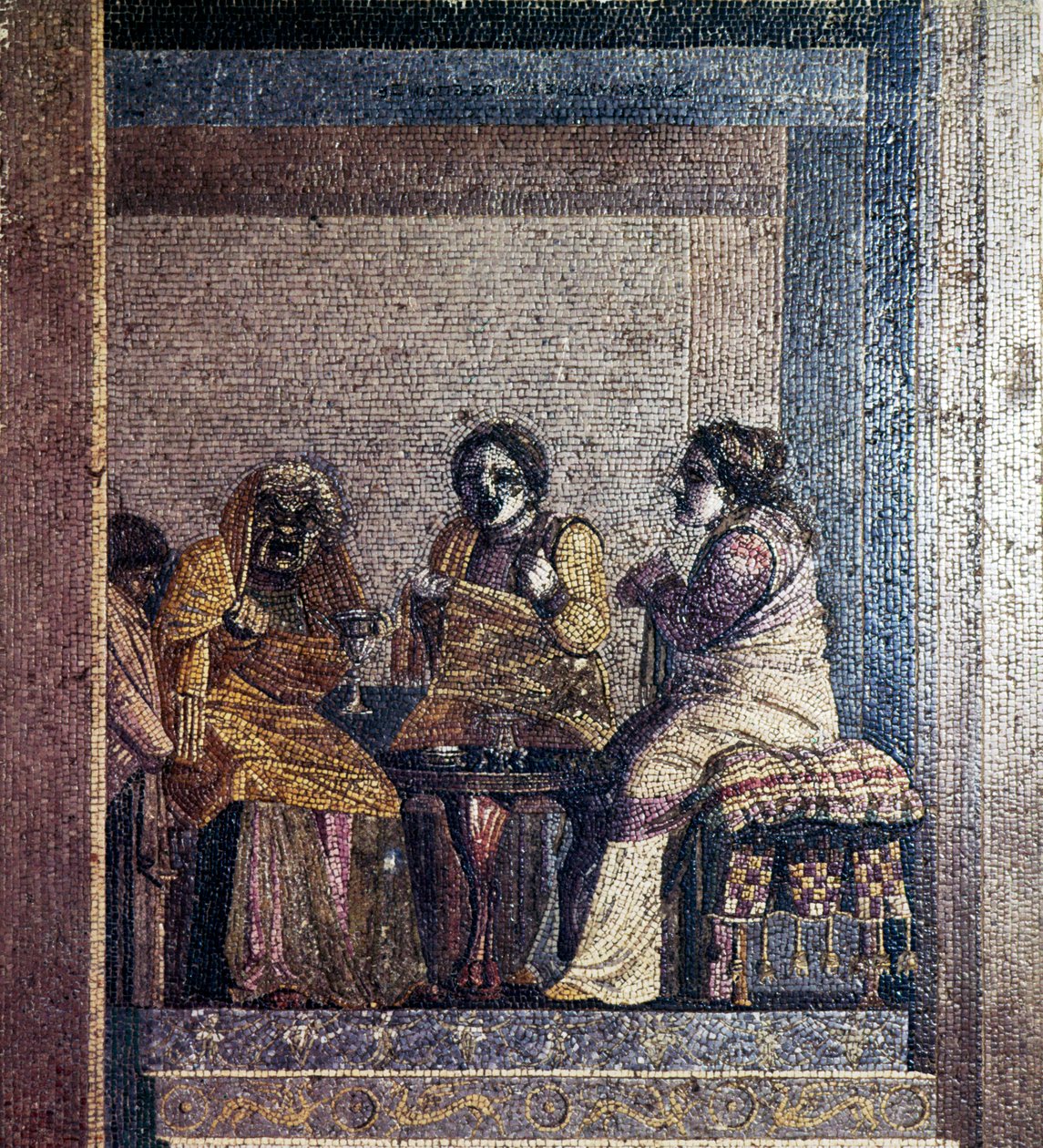 Mosaico romano di scena da una commedia con attori mascherati, Villa di Cicerone, Pompei, c. II secolo a.C. da Dioscurides of Samos