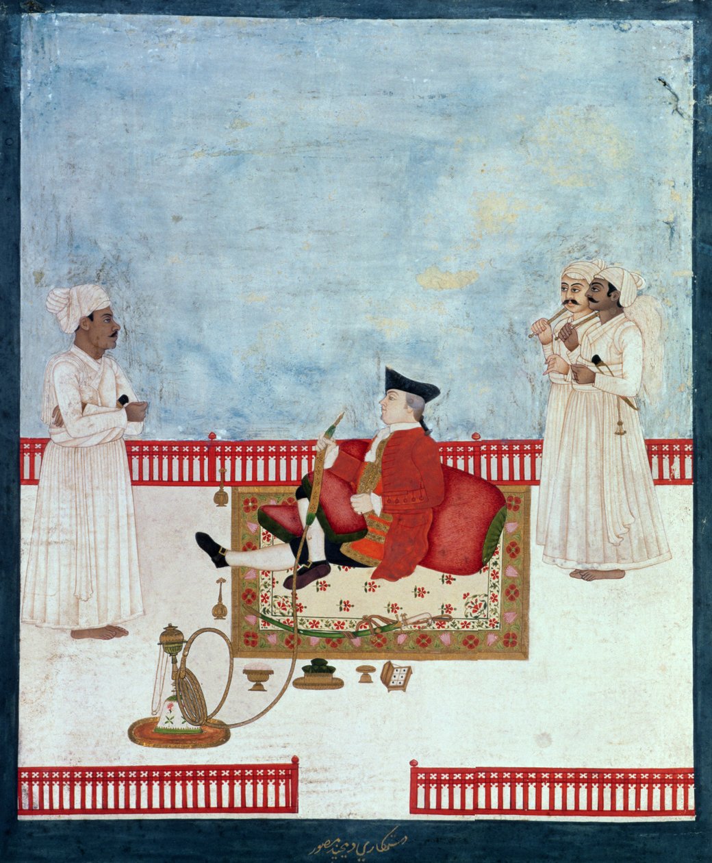 Un europeo seduto su una terrazza con attendenti, c.1760-63 da Dip Chand