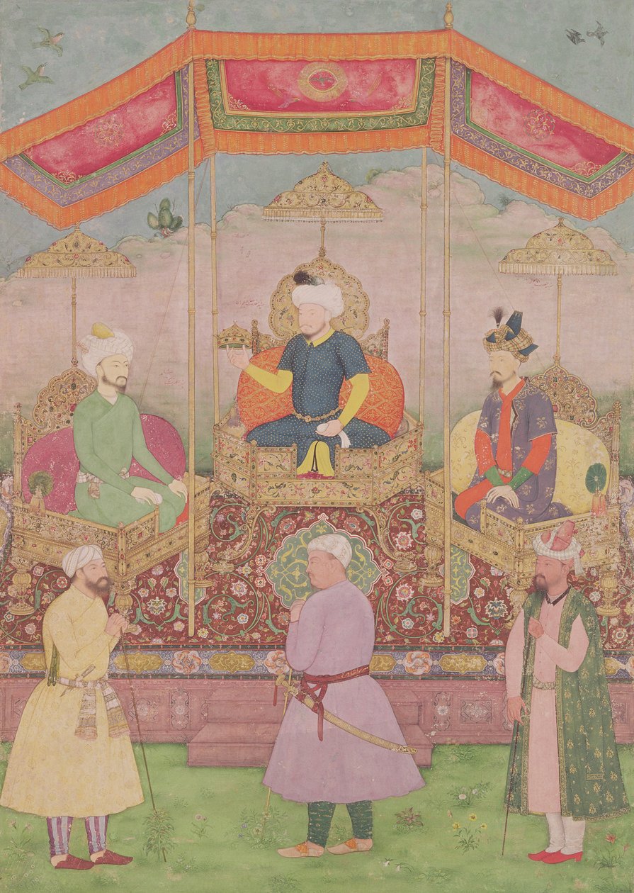 Imperatore Mughal Babur e suo figlio Humayun, miniatura indiana del Rajasthan, XVI secolo da Dip Chand
