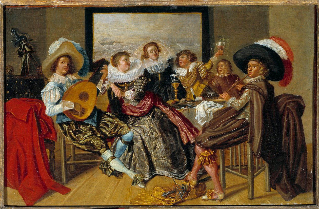 Incontro galante: musicisti e giovani donne che suonano musica e alzano i bicchieri a una festa da Dirck Hals