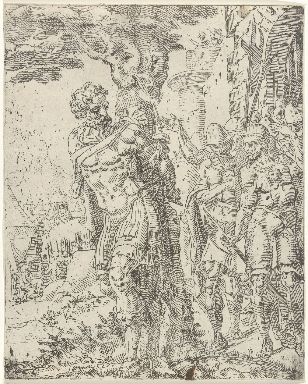 Achior legato a un albero da Dirck Volckertsz. Coornhert (attributed to)