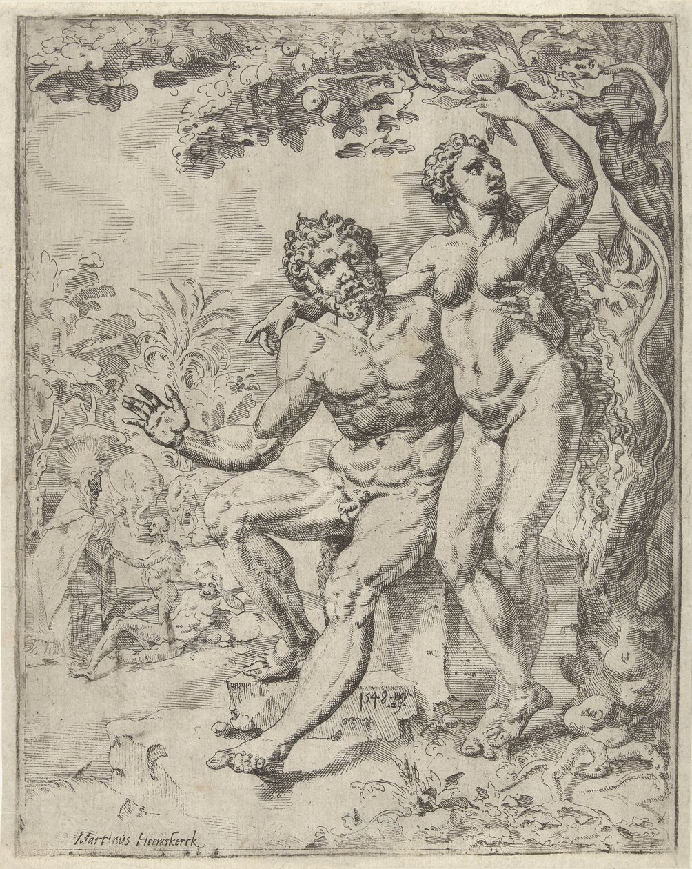 Adamo ed Eva raccolgono il frutto proibito da Dirck Volckertsz. Coornhert (attributed to)