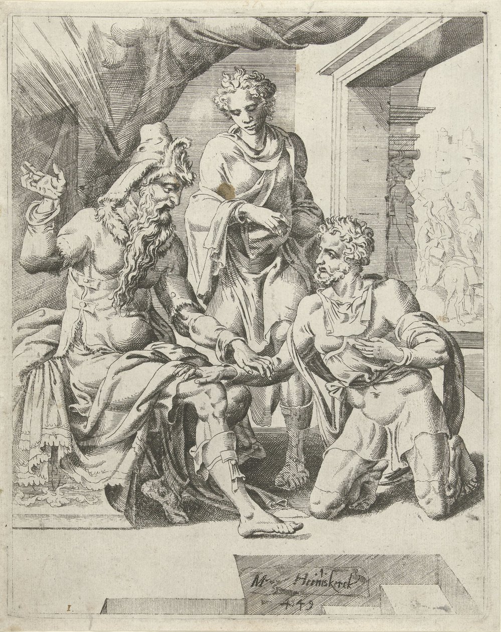 Eliezer promette di trovare una moglie per Isacco da Dirck Volckertsz. Coornhert (attributed to)
