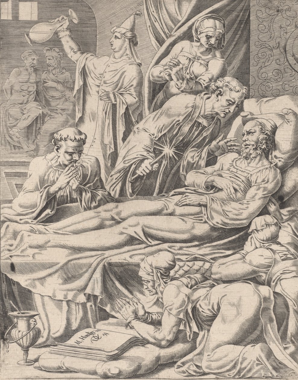 Il ricco sul letto di morte, dalla parabola di Lazzaro e il ricco, tavola 2, 1551 da Dirck Volkertsen Coornhert