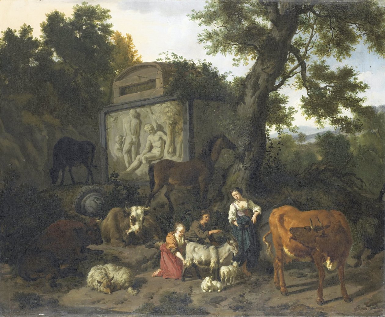 Paesaggio con pastori e bestiame vicino a una tomba da Dirck van Bergen