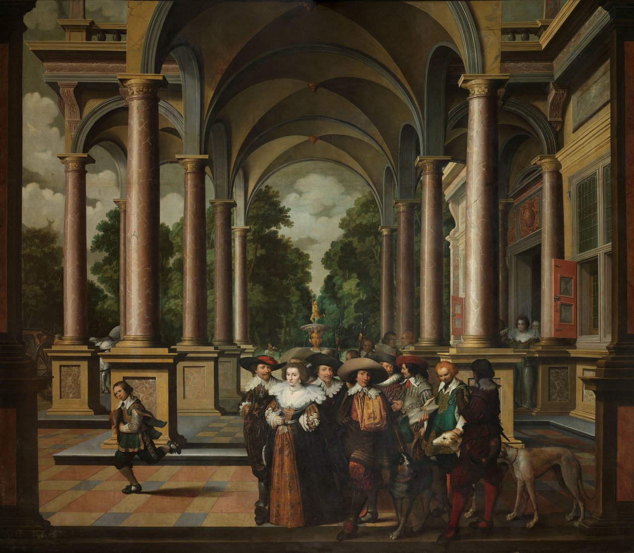 Galleria di un palazzo con architettura ornamentale e colonne (una sequenza decorativa in sette parti: una galleria) da Dirck van Delen
