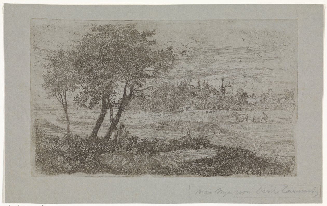 Paesaggio con alberi in primo piano e un aratro nel campo da Dirk Arnoldus Tavenraat