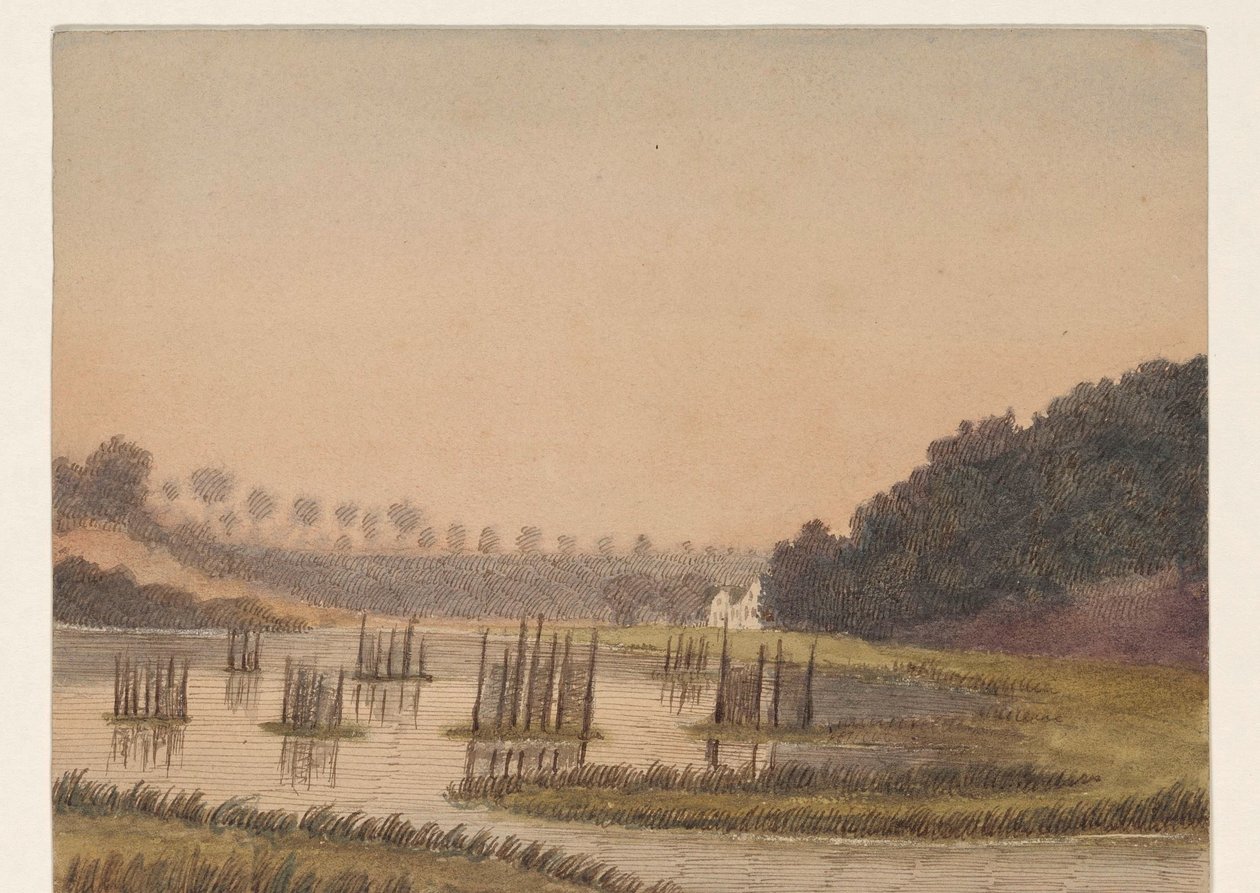 Paesaggio paludoso con un edificio in lontananza da Dirk Arnoldus Tavenraat