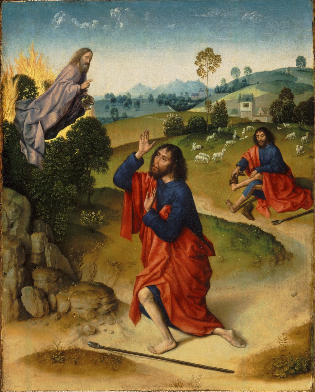 Mosè e il roveto ardente, con Mosè che si toglie le scarpe da Dirk Bouts