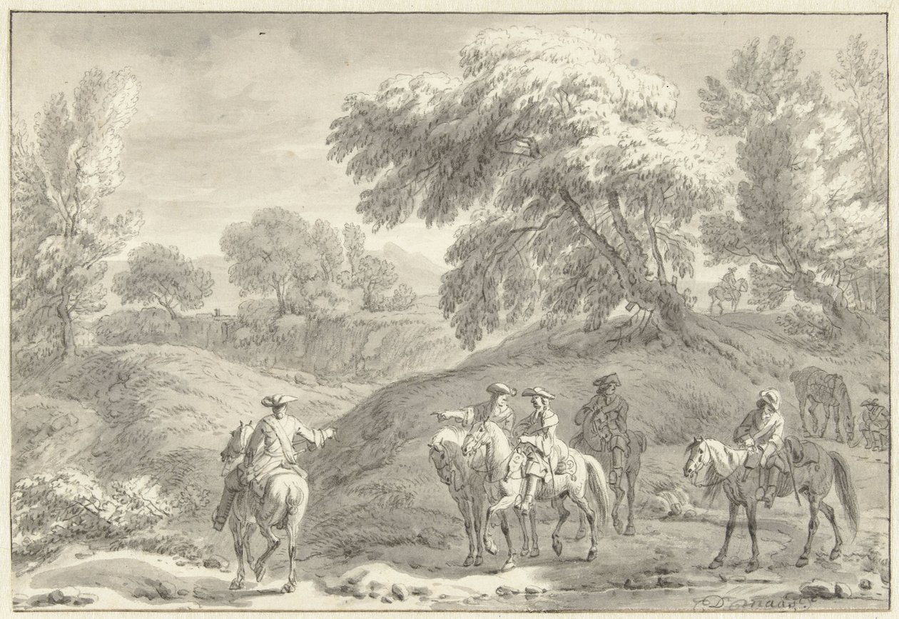 Paesaggio collinare con cacciatori a cavallo da Dirk Maas